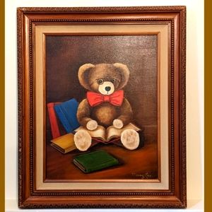 Brown Teddy Bear w/Books Oil Painting Framed on Canvas Original Still Life Art. 
